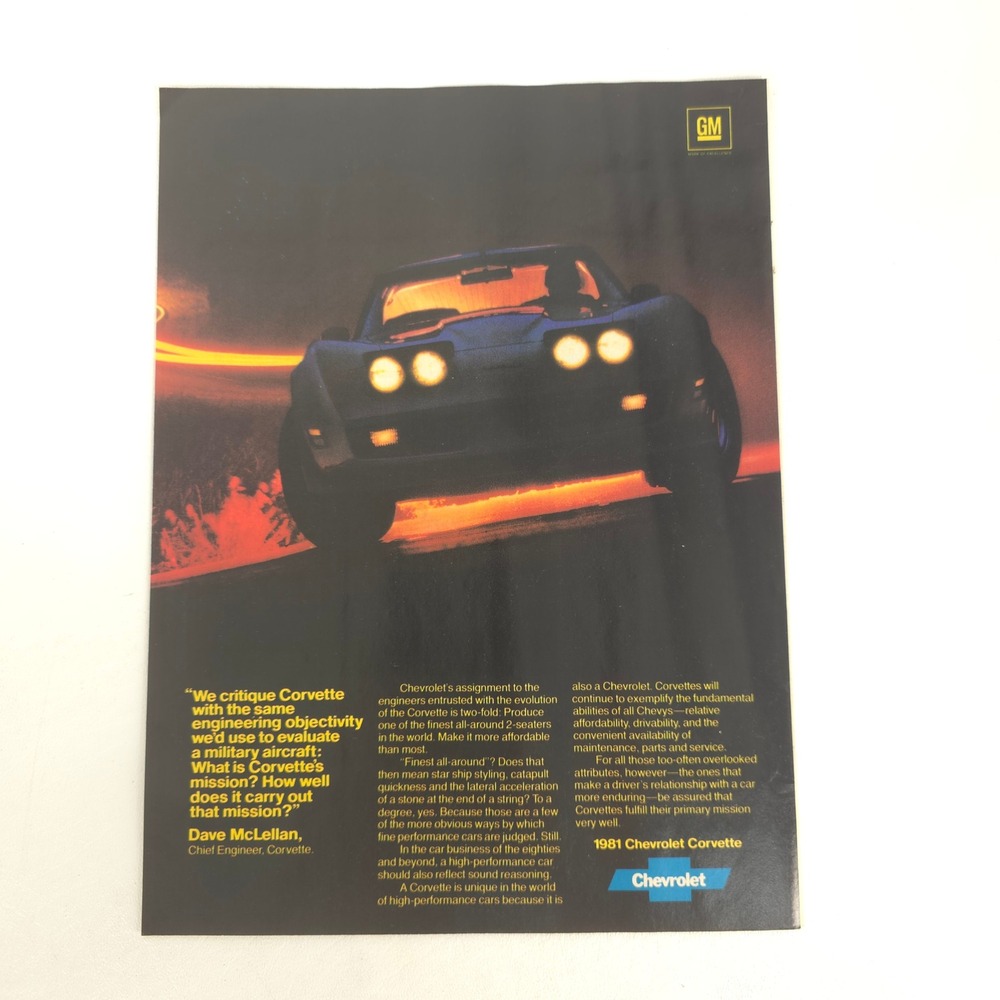 1981 Chevrolet Corvette Print Ad Sports Car Advertising GM Garage Wall Decor Art